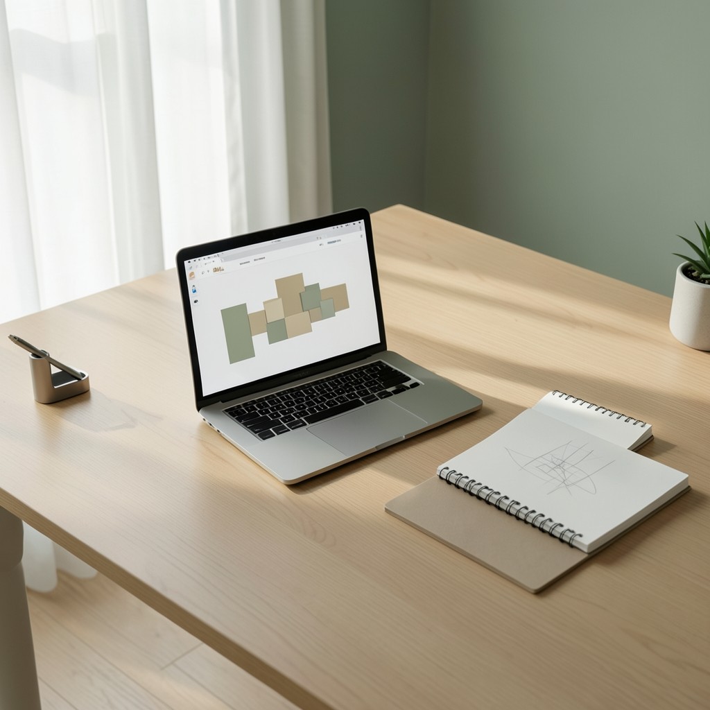 Laptop mit Website-Wireframes neben Notizblock